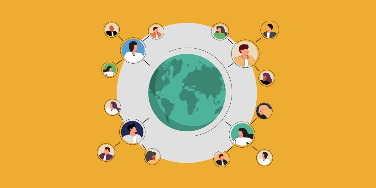 illustration of people connected via the globe. 